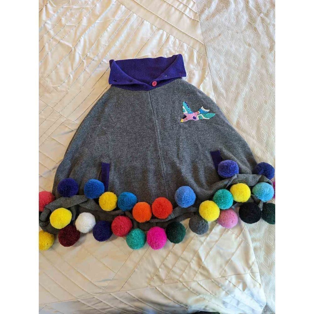 LOUIE Louis grey multicolored pom pom bird embroidered collared poncho wool x - Picture 11 of 12